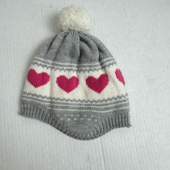 Carter's Knit Winter Beanie Hat Pom Heart Print Ear Flaps Toddler Girls 2T 3T 4T - Picture 3 of 6